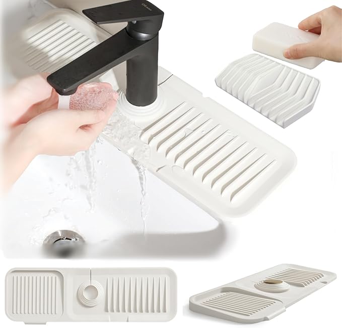 Kitchen Silicone Sink Splash Guard, 5° Slope Type Design Sink Mat,Sink Faucet Handle Drip Catcher Tray Mat Protectors,Sponge Holder and Bathroom Countertop Protect(include 1pcs extra storage mat)