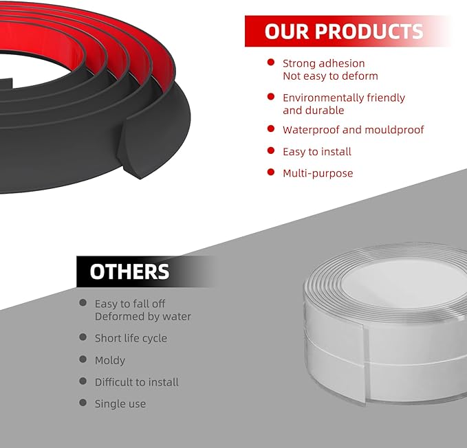 Shower Threshold Water Dam, 78" Black Flexible Silicone Water Barrier Seal Strip, Splash Guard Self Adhesive for Sink, Shower, Bathroom