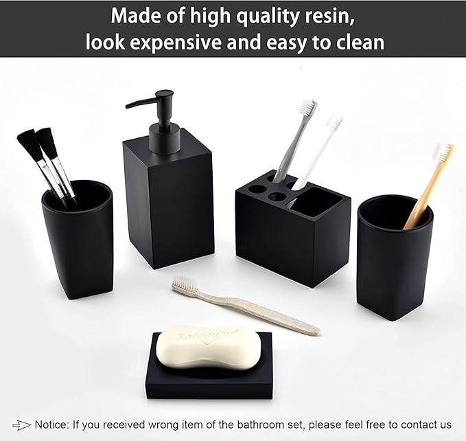 5-Piece Matte Black Bathroom Accessory Set - Modern Design Set with Soap Dispenser, 2 Tumbler Cups, Soap Dish & Toothbrush Holder