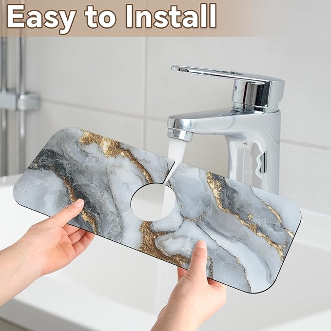 Kitchen Sink Splash Guard Faucet Mat - 1PC White Marble Super Absorbent Fast Drying Faucet Guard & Draining Mat Sink Splash Guard Behind Faucet Drip Catcher for Kitchen Bathroom RV (15.4" X 5.7" )