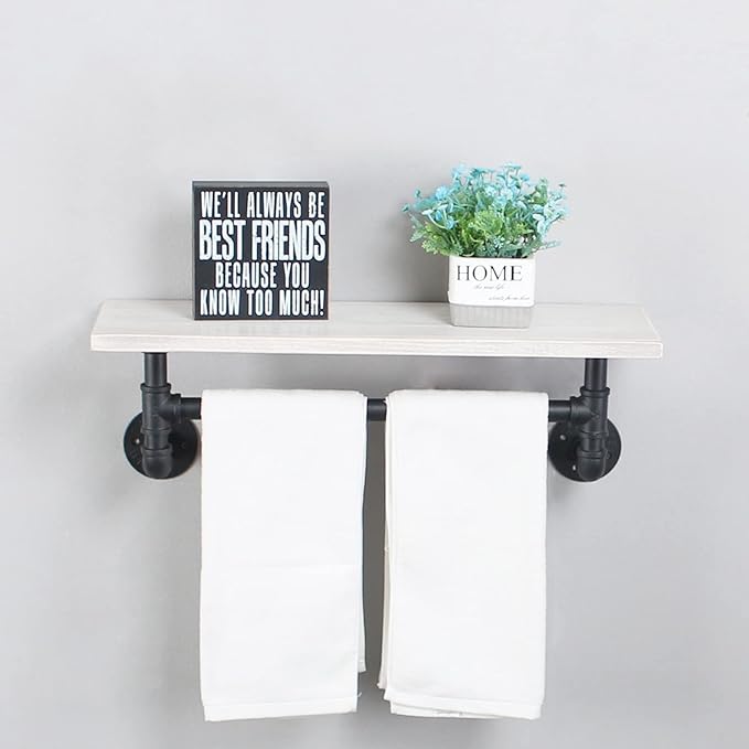 MBQQ Black & White Shelving Bathroom Pipe Shelves with Towel Bar Over Toilet, 24 inch Pine Wood Floating Shelves for Wall Mounted Bedroom,Kitchen, Farmhouse, Living Room