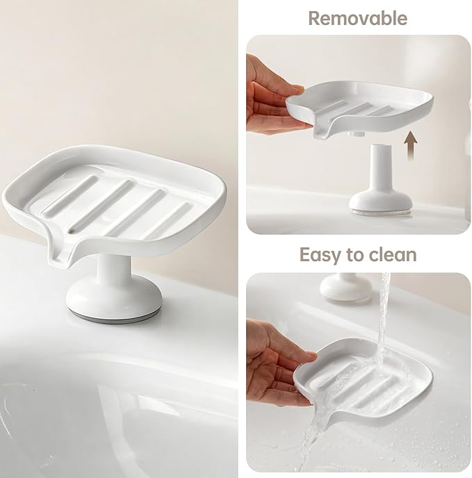 Self-Draining Soap Dish with Suction Cup, Stand Bar Soap Holder, No Drill Removable Sponge Tray for Shower, Bathroom, Kitchen Sink, Easy to Clean & Keeps Dry, White