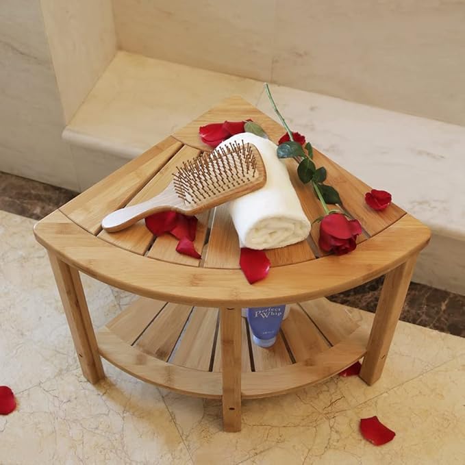Zhuoyue Bamboo Corner Shower Stool Bench Waterproof with Storage Shelf, for Shaving Legs or Seat in Bathroom & Inside Shower