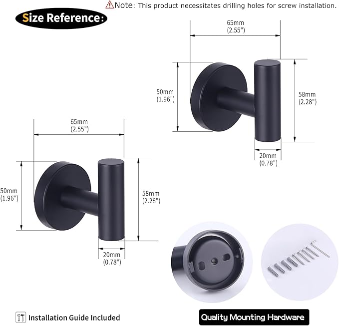 GERZWY Bathroom Matte Black Coat Hook SUS 304 Stainless Steel Single Towel/Robe Clothes Hook for Bath Kitchen Contemporary Hotel Style Wall Mounted 2 Pack AG1107B-BK