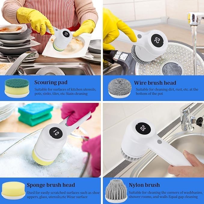 Electric Cleaning Brush Cordless, IPX6 Waterproof Electric Spin Scrubber, Sonic Scrubber with LED Display, 5Replacement Heads, 2 Adjustable Speeds Bathroom Brush for Kitchen/Tile/Garden/Floor/car