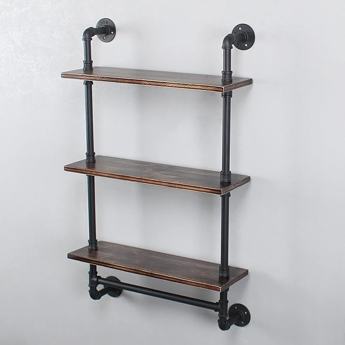 MBQQ Iron Pipe Shelves Industrial Bathroom Shelves with Towel bar,24in Rustic Metal Pipe Floating Shelves Pipe Wall Shelf,3 Tier Industrial Shelf Wall Mounted,Retro Black