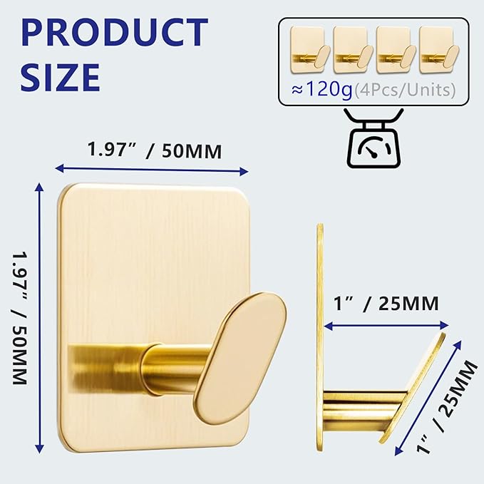 Gold Adhesive Hooks for Wall Hanging - Fit for Coat Door Towel Hooks for Bathrooms Decorative Kitchen Shower Glass Wall 304 Stainless Steel Robe &Towel Hooks Brushed Gold 4 Packs