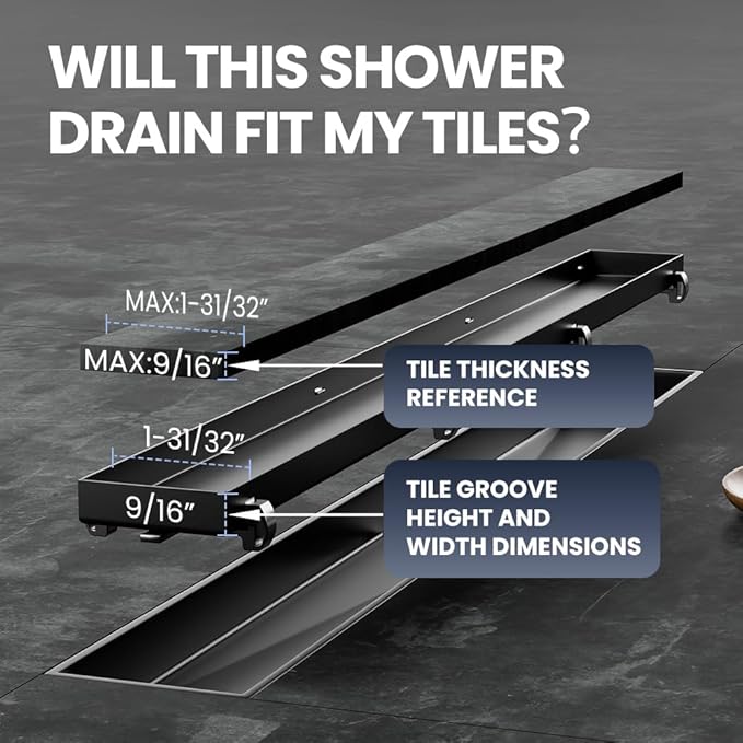 Linear Shower Drain 30 Inch Black, Brushed AISI 304 Stainless Steel Shower Drain with 2-in-1 Tile Insert Panel, for Bathroom, Kitchen, Garage & More