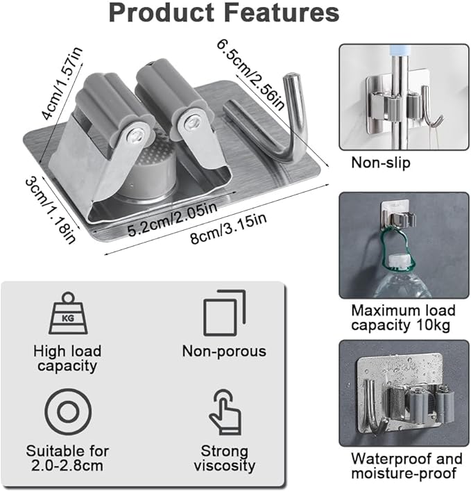 4 Pack Self Adhesive Broom Holder Wall Mount, Heavy Duty Mop Holders No Drill, 2 in 1 Broom Holder with Storage for Laundry Room, Garage, Bathroom, Closet Kitchen, Garden Organization