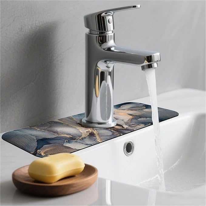 Kitchen Sink Splash Guard，Light grayish blue marble Faucet Mat Sink Gadgets-Super Absorbent Fast Drying Mat Drip Catcher for Kitchen, Bathroom,Sink Mat, Dish Drying Mat, Bathroom(15" X 5.5" )