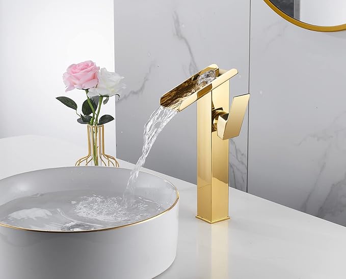 Bathroom Vessel Faucet Gold Waterfall Single Handle One Hole Bathroom Faucets Tall Body Brass Bath Vanity Lavatory Bowl Sink Contemporary Commercial Rustic Basin Mix Tap Deck Mount Water Supply Hose
