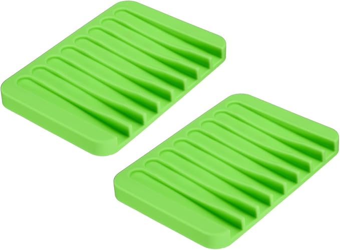 uxcell 2 Pcs Self Draining Silicone Soap Dish, Soap Tray with Drainage for Bathroom Shower Kitchen Sink, 4.5" x 3.1" x 0.4", Green