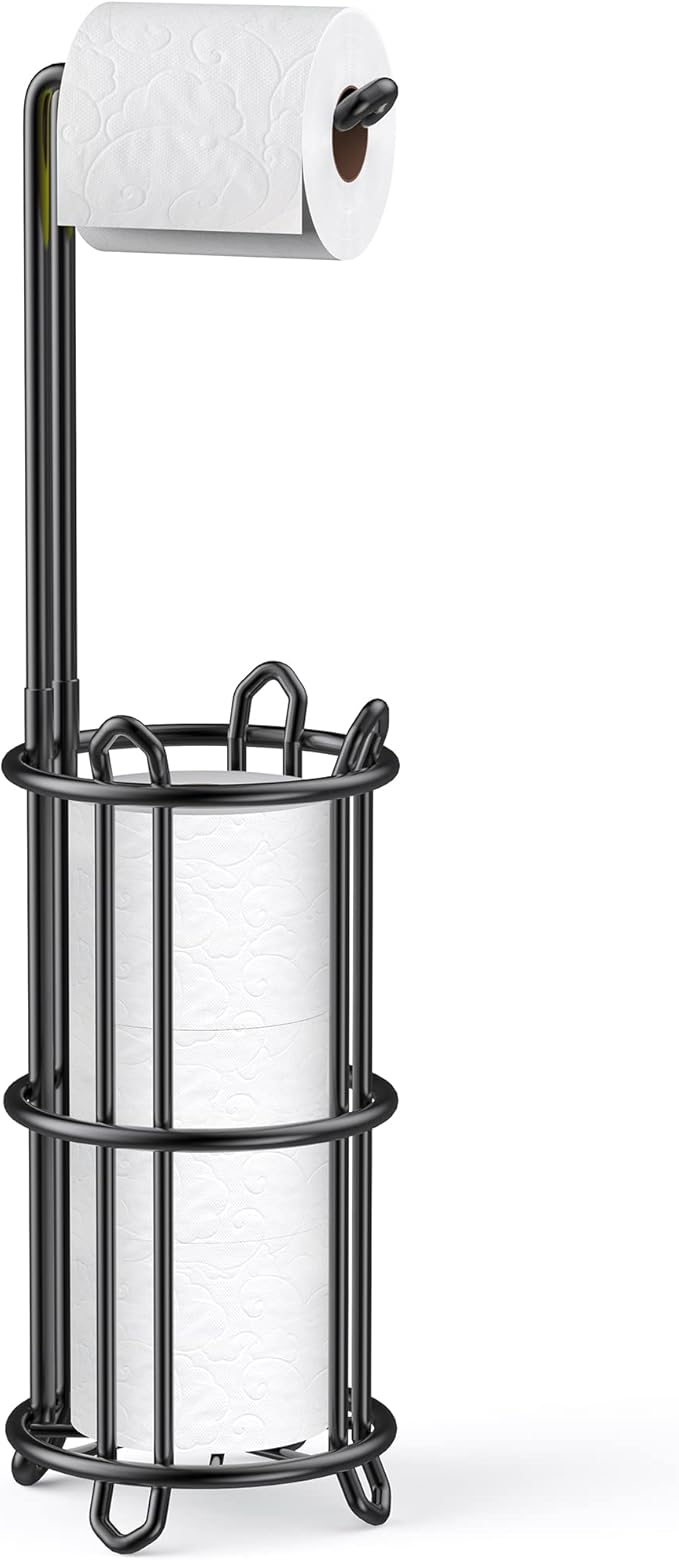Meangood Freestanding Toilet Paper Holder Stand and Tissue Paper Roll Dispenser, Bathromm Storage Organization-Holds 4 Rolls -Metal Wire Black