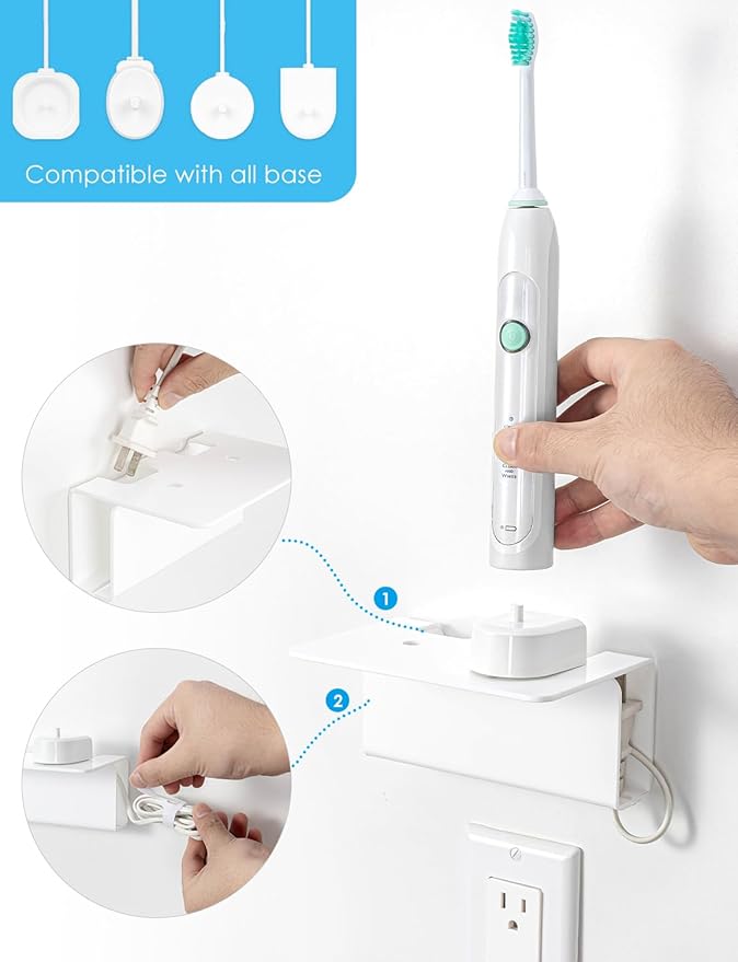OAPRIRE Electric Toothbrush Holder Wall Mounted, 2 Pack Acrylic Electric Toothbrush Holder for Bathroom Come with Cable Organizer, Saving Space and Convenient Charging - White