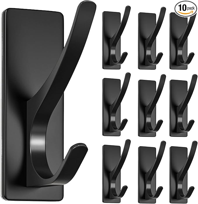 10-Pack Self Adhesive Towel Hooks: Extra Strong 13LB, Stainless Hook for Hanging Loofah, Towels, Coat, Bath Robe Bathroom Shower, Black
