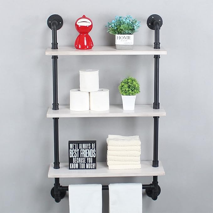MBQQ Iron Pipe Shelves Industrial Bathroom Shelves with Towel bar,24in Rustic Metal Pipe Floating Shelves Pipe Wall Shelf,3 Tier Industrial Shelf Wall Mounted,Black & White