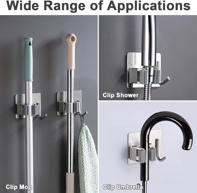 4 Pack Self Adhesive Broom Holder Wall Mount, Heavy Duty Mop Holders No Drill, 2 in 1 Broom Holder with Storage for Laundry Room, Garage, Bathroom, Closet Kitchen, Garden Organization