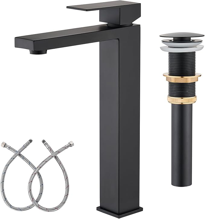 Matte Black Vessel Sink Faucet, 1 Hole Single Handle Tall Bathroom Vanity Faucets, Modern Utility Rv Laundry Bath Restroom Mixer Tap with Metal Pop Up Drain and 2 Water Supply Lines