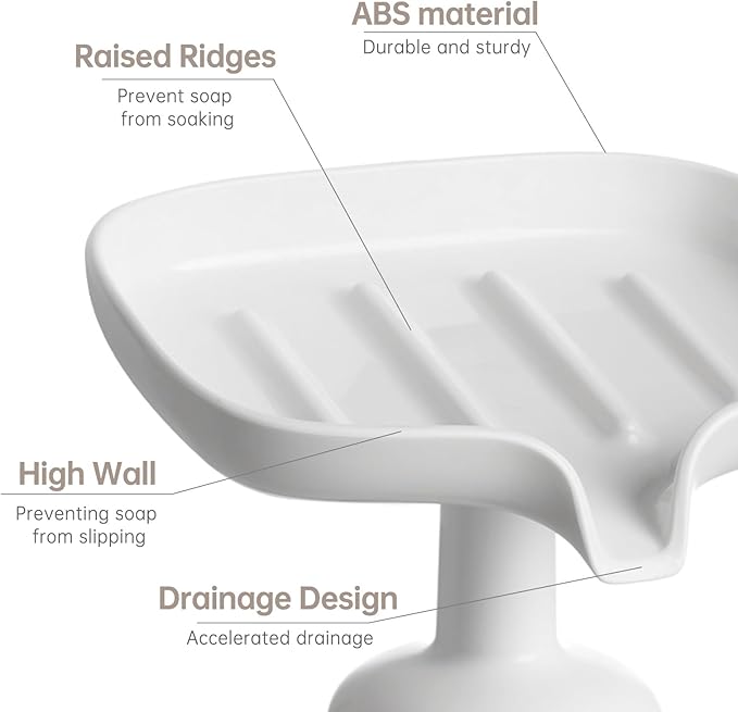 Self-Draining Soap Dish with Suction Cup, Stand Bar Soap Holder, No Drill Removable Sponge Tray for Shower, Bathroom, Kitchen Sink, Easy to Clean & Keeps Dry, White