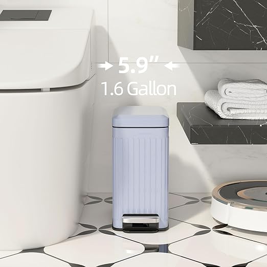 Slim Bathroom Garbage Can,6 Liter/1.6 Gallon Stainless Steel Trash Can with lid Soft Close,Small Garbage Cans for Bedroom, Office, Kitchen,Grey