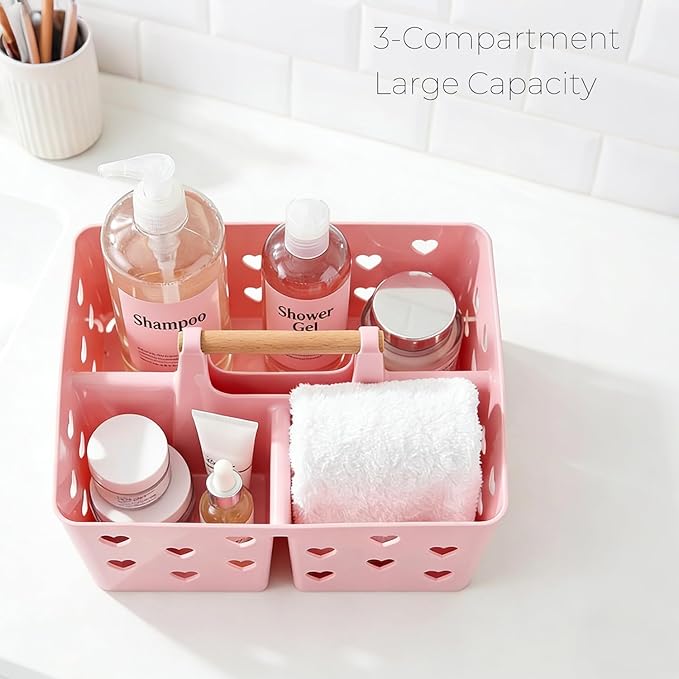 Pink Portable Shower Caddy with Handle, Large Plastic Shower Basket Organizer for College Dorm Room Essentials, Bathroom, Gym, Camping, Non-Slip Drainage Design for Toiletries & Cleaning Supplies