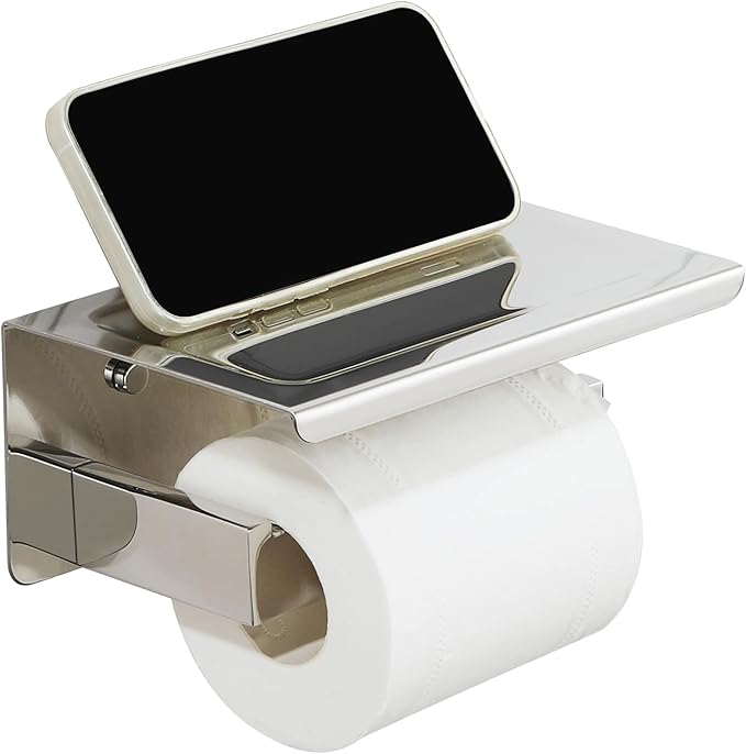 Alise Toilet Paper Holder with Shelf,Toilet Paper Roll Holder Wall Mount Bathroom Toilet Wall Paper Storage Tissue Roll Holder Self Adhesive or Drilling,SUS304 Stainless Steel Polished Chrome