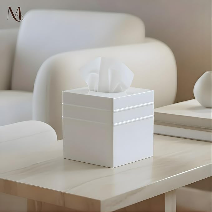 Monarch Abode Tissue Box Cover Square – Handcrafted Border Embossed White Metal Tissue Holder Box for Bathroom Accessory, Aesthetic Decorative Facial Napkin Cube for Modern Home Decor