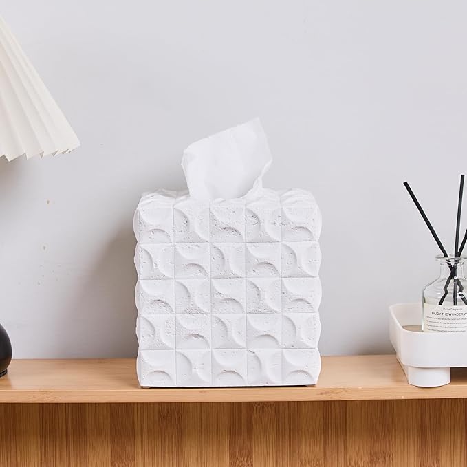 White Mosaic Tissue Box Cover Square for Home Decor, Relief Sculptured Geometric Cube Resin Heavy Tissue Box Holder for Bathroom Countertop, Tabletop, Night Stand, Office Desk
