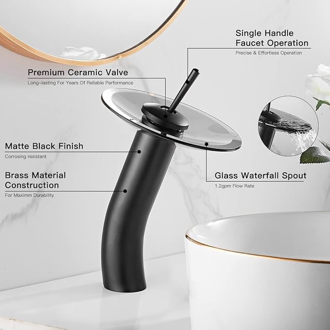 Waterfall Vessel Faucet, Black, 1 Hole, Lead-Free Solid Brass, Temperature and Flow Control with One Lever Handle