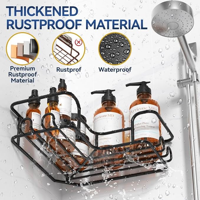 YASONIC Corner Shower Caddy Adhesive with Soap Holder and 12 Hooks, Rustproof corner shower shelves, No Drilling (Bright Black)