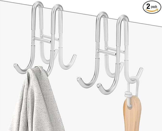 2 Pack Double-Sided Towel Hooks for Shower Door, 304 Stainless Steel, Over Bathroom Frameless Glass Door Rack Hooks for Loofah Robe Shaver, Silver