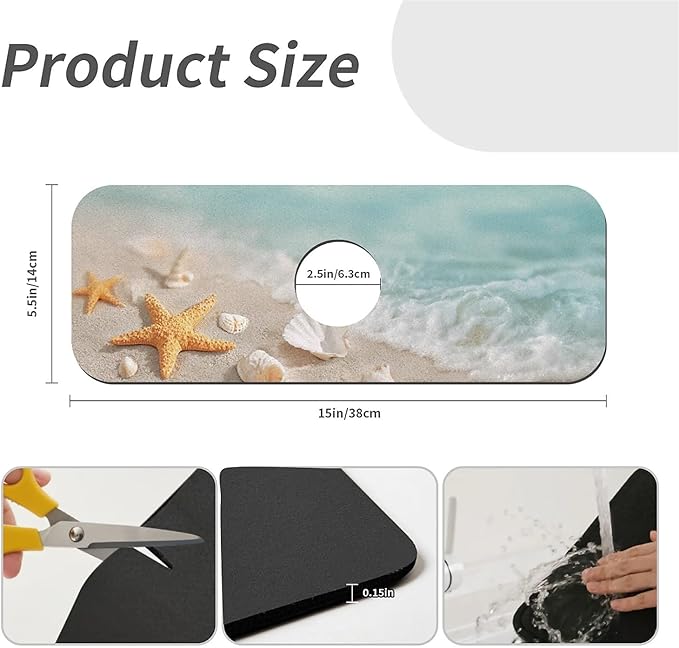 Kitchen Sink Splash Guard，Starfish and shells Faucet Mat Sink Gadgets-Super Absorbent Fast Drying Mat Drip Catcher for Kitchen, Bathroom,Sink Mat, Dish Drying Mat, Bathroom(15" X 5.5" )