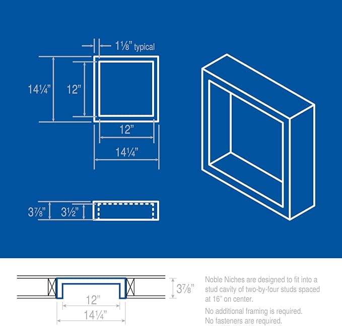 Noble 301 Preformed 12" x 12" ID Square Shower Niche, Tub, Caddy, Modern Bathroom Storage Solution, Water-Resistant, Easy Install Ideal for Toiletries Shampoo Shower Accessories, DIY, No Shelf