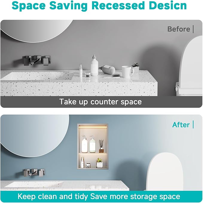 Stainless Steel LED Lights Shower Niche 12" x 18" – Recessed 2-Tier Shower Shelf, 12"x12" Upper & 12"x6" Lower Storage, Modern Bathroom Wall Niche (Brushed)