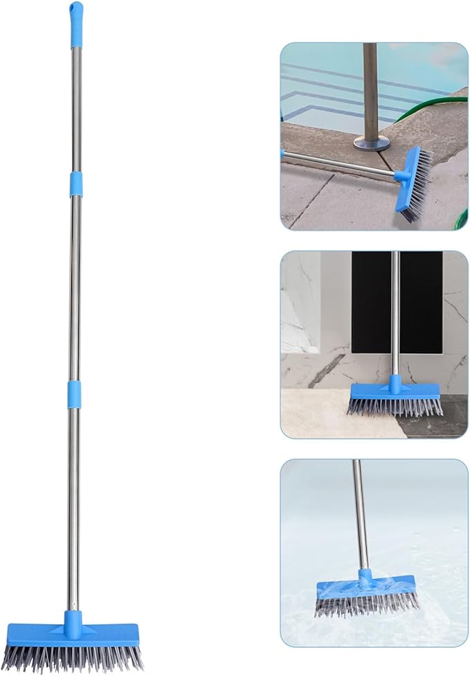 Wide Floor Cleaning Brush with Long Stainless Steel Handle Hard Plastic Bristles for Tile Bathroom Kitchen and Home Floors Ergonomic Design for Grout and Surface Scrubbing in Blue