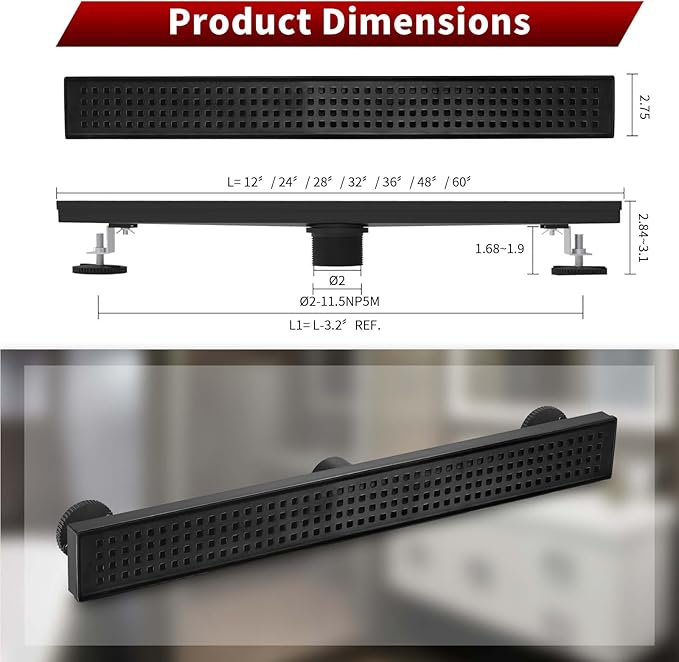 Sharp-tec Shower Drain, 28 inch Linear Shower Drain, Matte Black 304 Stainless Steel Rectangular Shower Floor Drain with Adjustable Leveling Feet, Hair Strainer, cUPC Certified, ST-112-28B