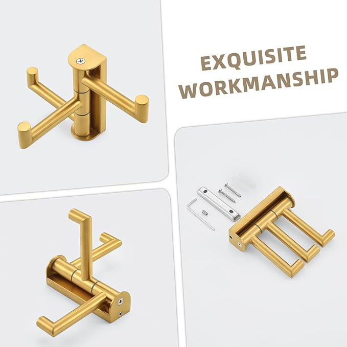 Suyar Brushed Gold Towel Hook, SUS 304 Stainless Steel Bathroom Coat Robe Holder with 3 Swivel Arms, Wall Hook for Kitchen Entry Garage