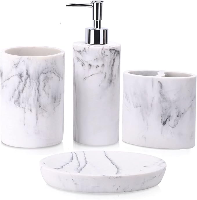 ZCCZ Bathroom Accessory Set, 4 Pcs Marble Look Bathroom Vanity Countertop Bathroom Décor Sets Accessories with Soap Dispenser, Toothbrush Holder Set, Tumbler, Soap Dish