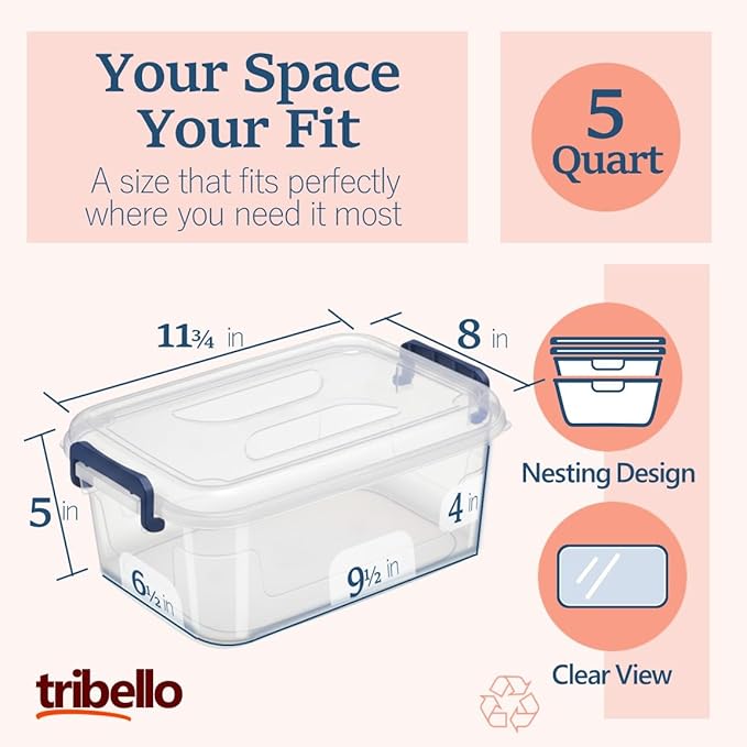 Tribello Small Storage Bins with Lids, 6-Pack Stackable Plastic Containers for Home Organization – Clear Totes for Closet and Underbed Storage, 5 Quarts