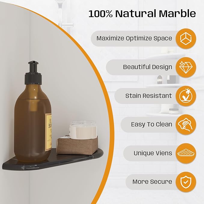 Black Marble Corner Shower Shelf, 8 Inch Carrara White Marble Corner Shelf for Bathroom Shower Decor, Wall Mounted, Polished, 1 Pcs