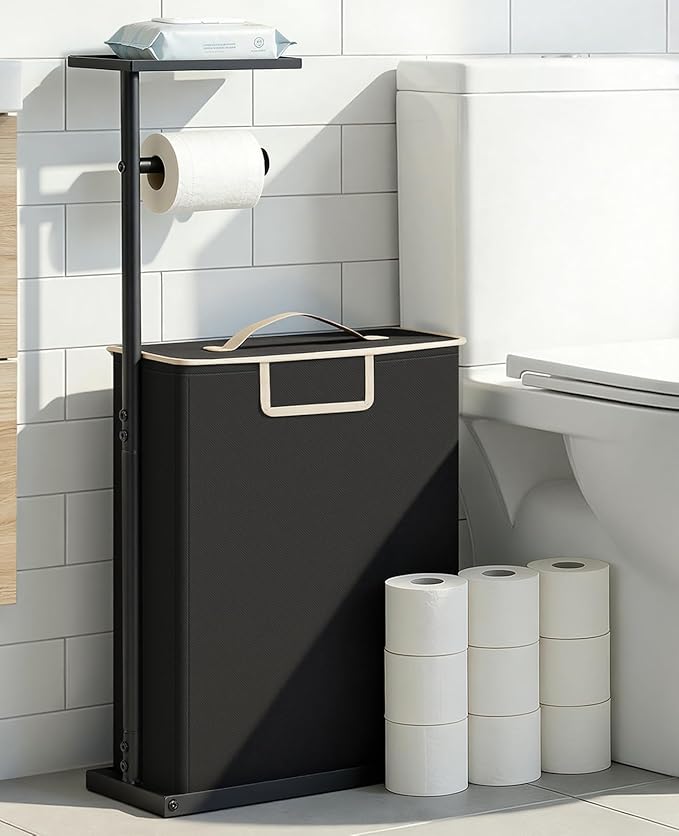 Toilet Paper Holder Free Standing with Storage for Up to 12 Rolls,Rustproof Metal Toilet Paper Stand with Shelf,All-in-One Toilet Tissue Roll Dispenser and Organizer with a Lidded Basket,Black