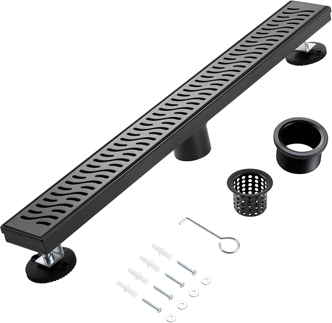 48 Inch Linear Shower Drain, Matte Black Shower Drain, Removable Grate, 304 Stainless Steel, Easy to Install and Clean for Bathrooms (Drain Base Not Included), LSD-51A-48B