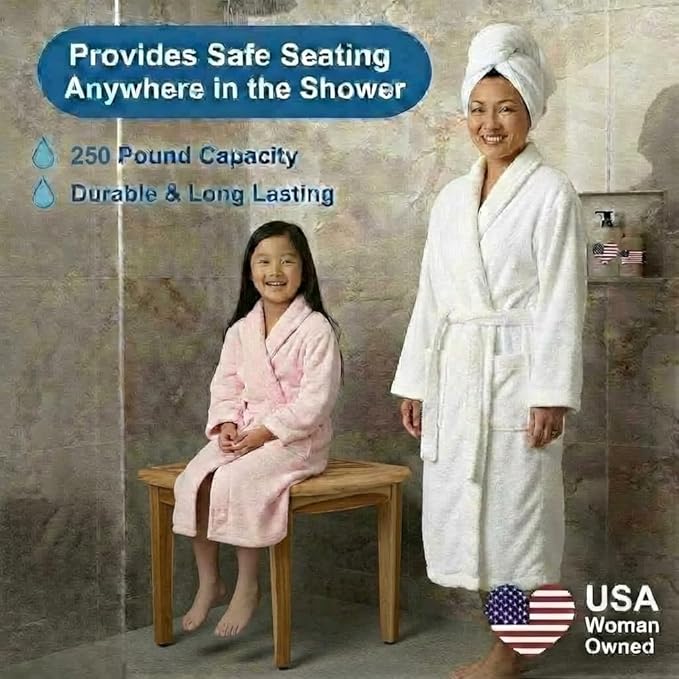 EcoDecors SnazzyCorner Waterproof Teak Wood Shower Bench Stool Seat Chair For Inside Shower Provides Safety, Storage, and Organization For Bathroom Accessories