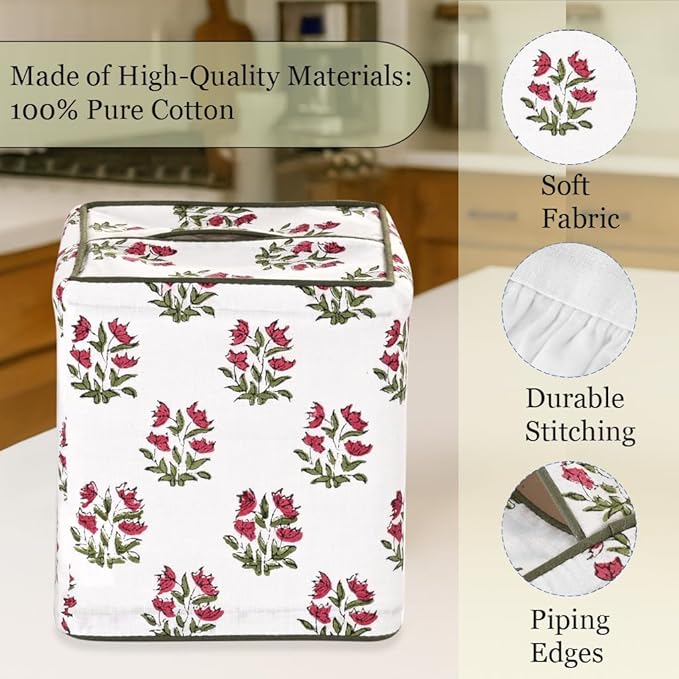 Ridhi Marmalade Red Block Print Tissue Box Cover – Handmade Cotton Fabric Tissue Holder for Home Bedroom Living Room Bathroom Vanity Car Nightstand Office Kitchen – Decorative Square Napkin Holder