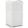 Suncast Hideaway Outdoor Trash Can with Lid - 30 Gallon Trash Can, White, Decorative Wicker-Style Garbage Bin, Weather-Resistant Resin, Fits 30-33 Gallon Bags, Ideal for Patio & Yard, Made in USA