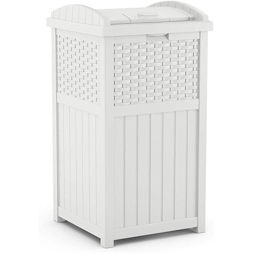 Suncast Hideaway Outdoor Trash Can with Lid - 30 Gallon Trash Can, White, Decorative Wicker-Style Garbage Bin, Weather-Resistant Resin, Fits 30-33 Gallon Bags, Ideal for Patio & Yard, Made in USA