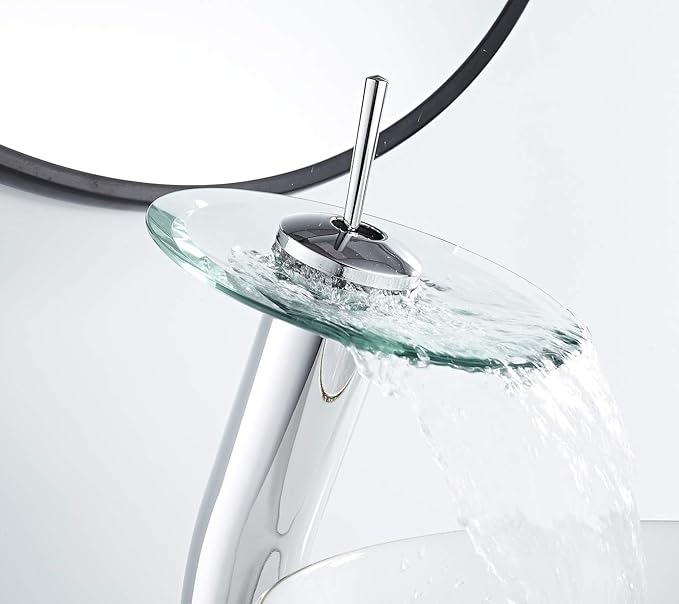 Bathroom Vessel Faucet Chrome Waterfall Glass Spout Single Handle One Hole Bowl Sink Faucet Tall Body Vanity Lavatory Basin Mixer Tap with Supply Hose Deck Mount Commercial