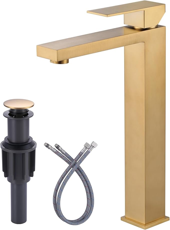 ARCORA Vessel Sink Faucet Brushed Gold, Single Handle Tall Bathroom Faucet, Single Hole Lavatory Vanity Mixer Tap with Pop Up Drain and Supply Lines