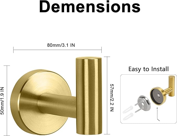 NearMoon Bath Towel Hooks- SUS 304 Stainless Steel Robe Hook Holder, Heavy Duty Coat Hook for Bathroom Livingroom Hotel Kitchen Garage, Wall Mounted (Brushed Gold, 8 Pack)