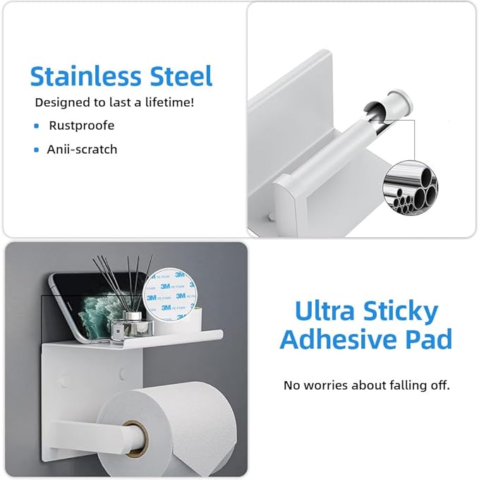 Adhesive Toilet Paper Holder with Phone Shelf Paper Tissue Holder Storage 304 Stainless Steel Wall Mounted Toilet Roll Holder Dispenser,Paper Holder with Shelf Bathroom Organizer White